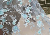 Embroidery 3D Floral Wedding Dress Lace Fabric By The Yard With Beads Light Blue