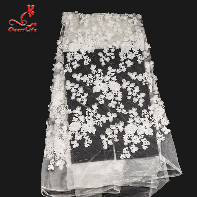 3d blanco bordó la tela del cordón para el vestido de boda con la red de nylon elástico