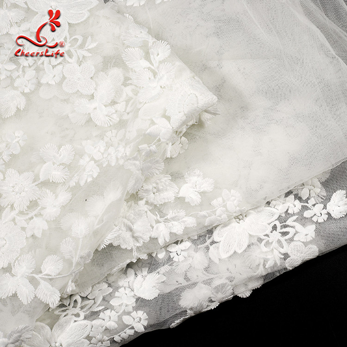 3d blanco bordó la tela del cordón para el vestido de boda con la red de nylon elástico