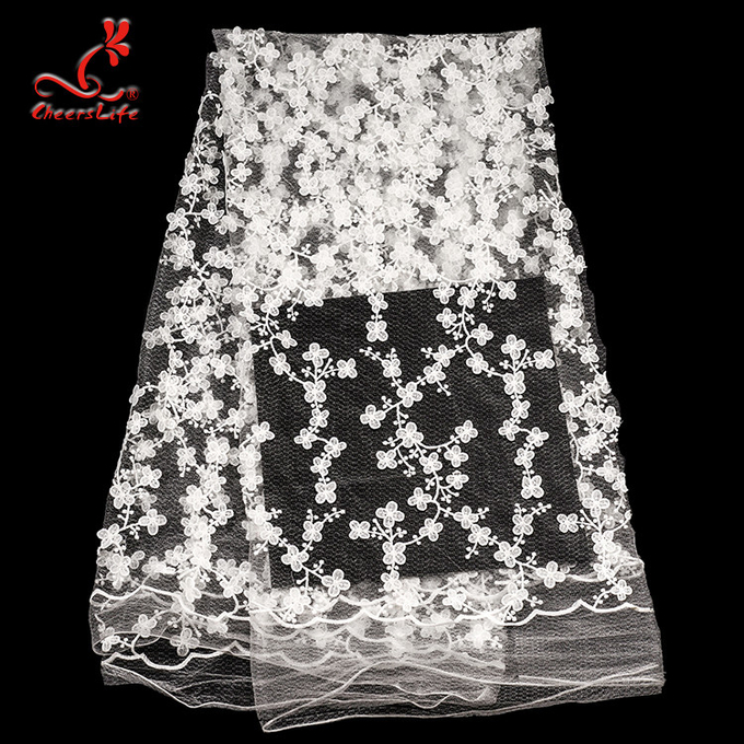 100% cordón floral bordado poliéster de Bussy de la tela del cordón para el vestido de boda con la red suiza
