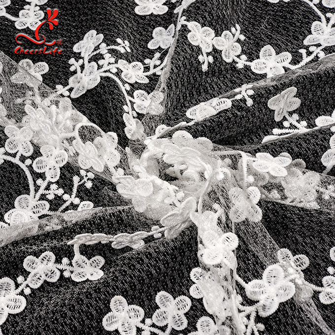 100% cordón floral bordado poliéster de Bussy de la tela del cordón para el vestido de boda con la red suiza