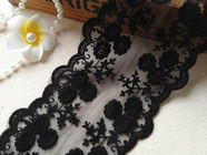 Black Flower Embroidery Tulle Mesh Nylon Lace Trim With Scalloped Edge 4.3'' Width